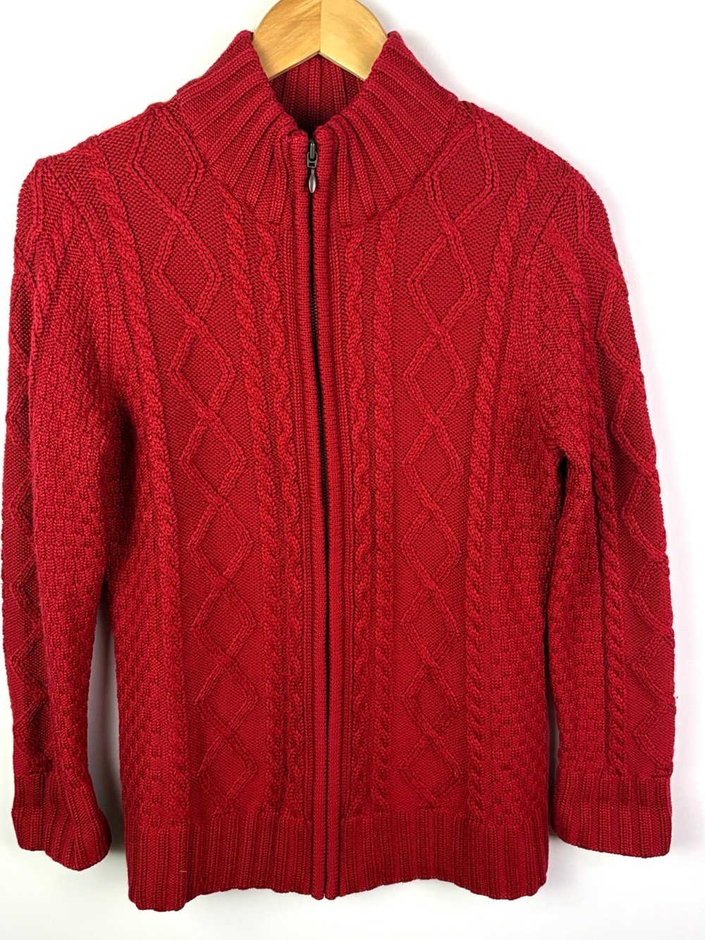 LLBean wool blend Red Cable-Knit Zip-Front Sweater size L